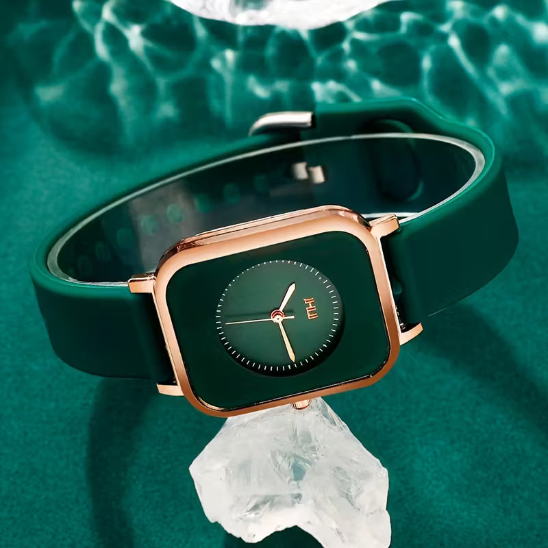 Zinc Elegance Square Luxe Watch — Emerald Green Silicone