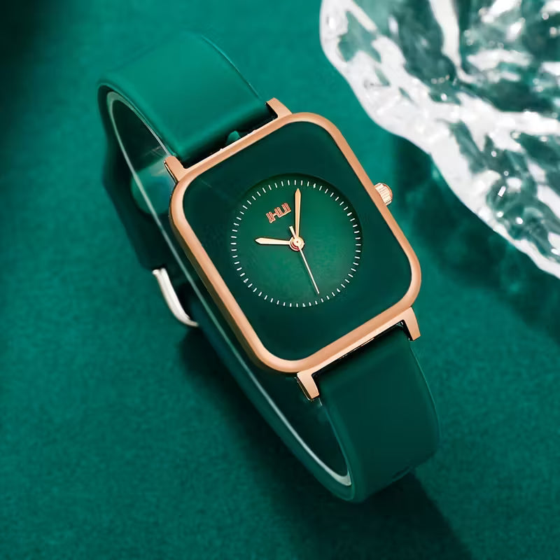 Zinc Elegance Square Luxe Watch — Emerald Green Silicone