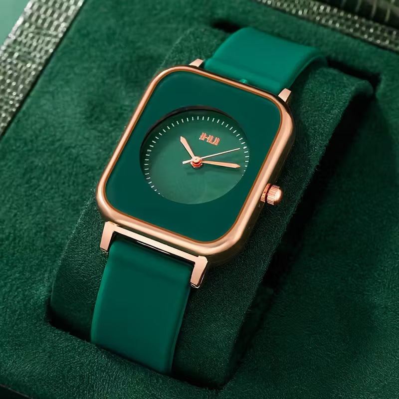Zinc Elegance Square Luxe Watch — Emerald Green Silicone