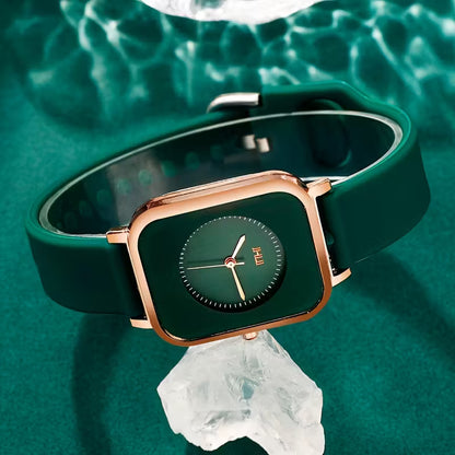 Zinc Elegance Square Luxe Watch — Emerald Green Silicone